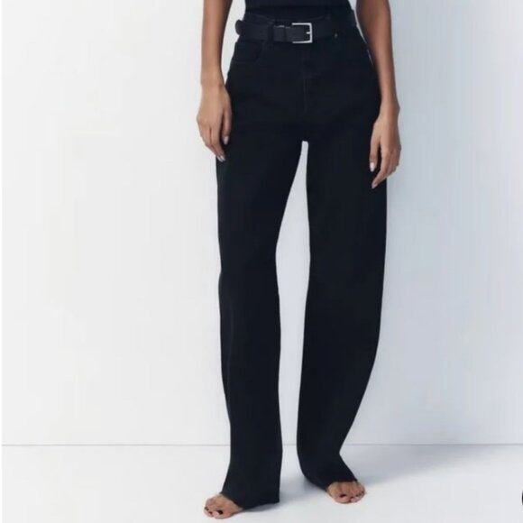 Zara Black 100% Cotton Rigid Denim Curved Horse Shoe Wide Leg Jeans Size 4 - Picture 1 of 10